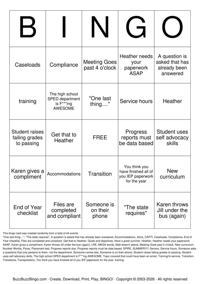 Download Free Special Education Bingo Cards