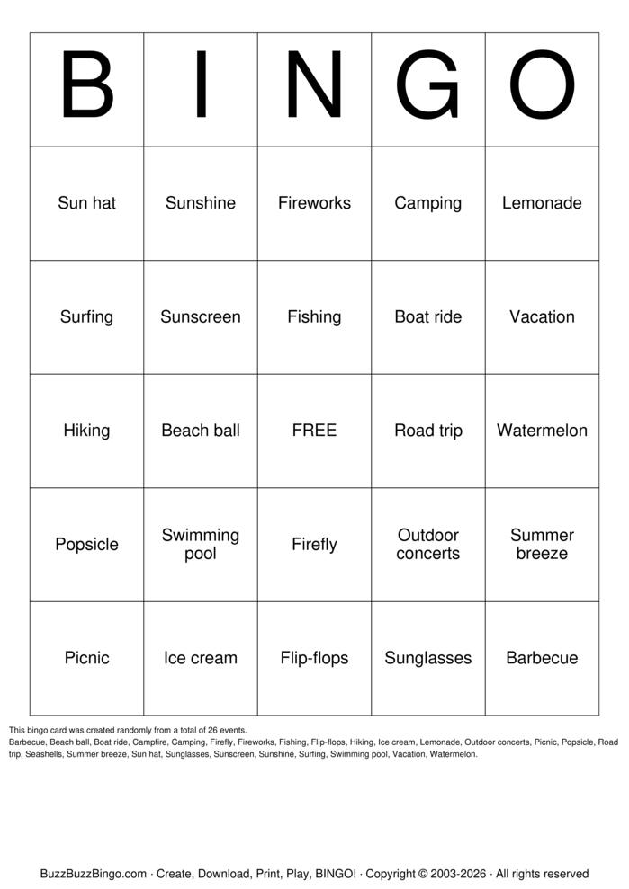 Download Free Summer Bingo Cards