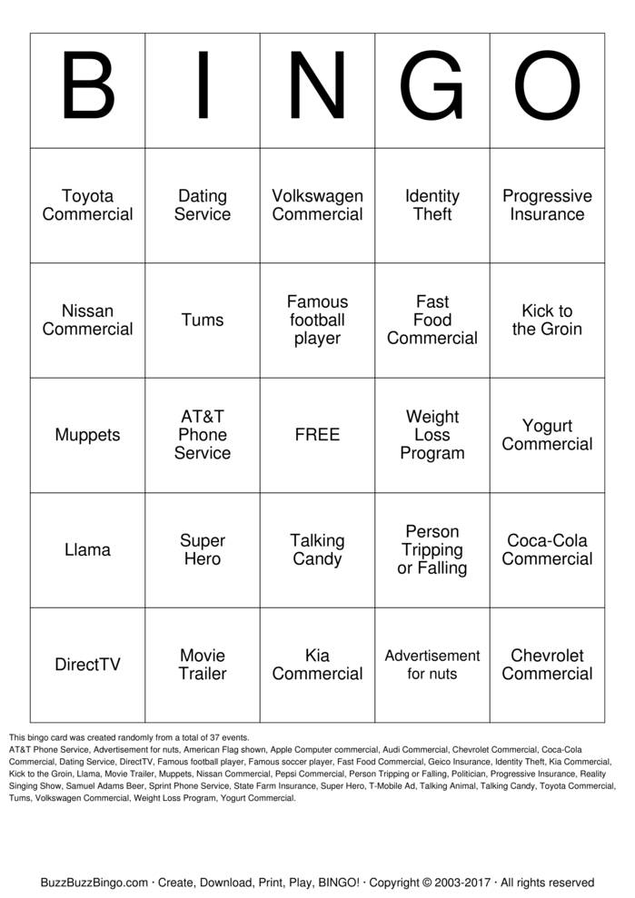 Superbowl Commercials Bingo Cards to Download, Print and Customize!