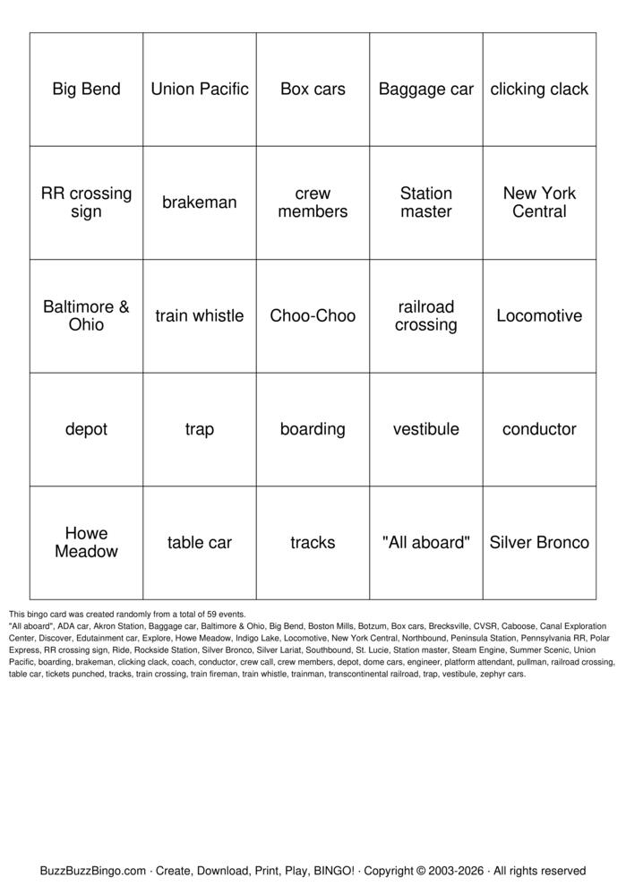 Download Free TRAIN Bingo Cards Download Free TRAIN Bingo Cards