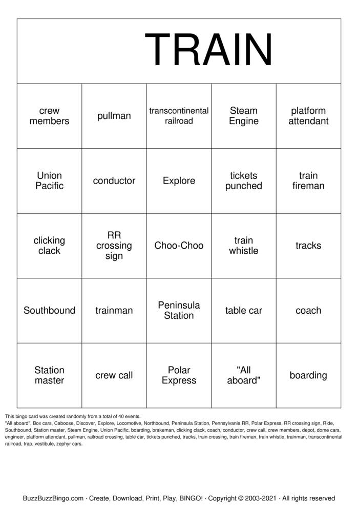 Download Free TRAIN Bingo Cards
