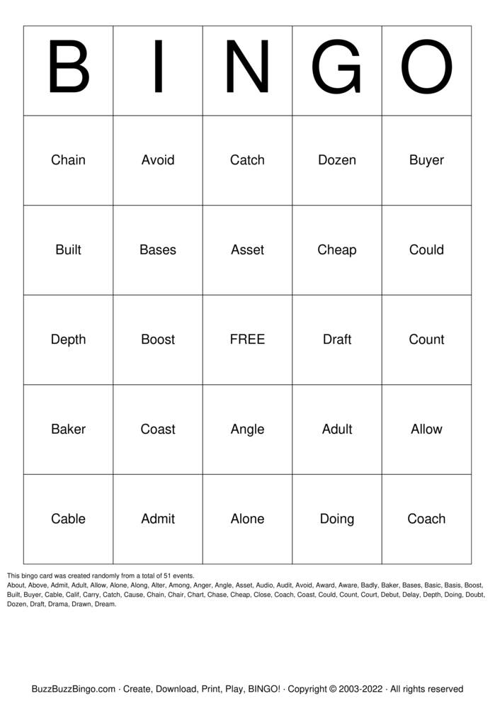 Download Free 5 Letter Words A-D Bingo Cards