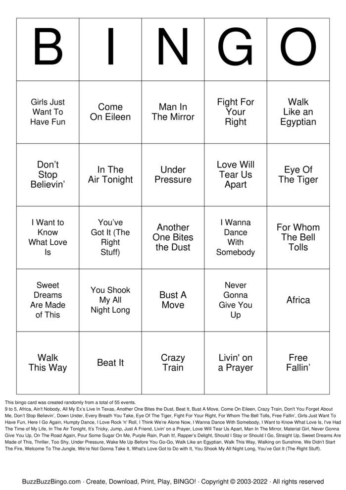 Download Free 80s Hit Songs 1 Bingo Cards Download Free 80s Hit Songs 1 Bingo Cards