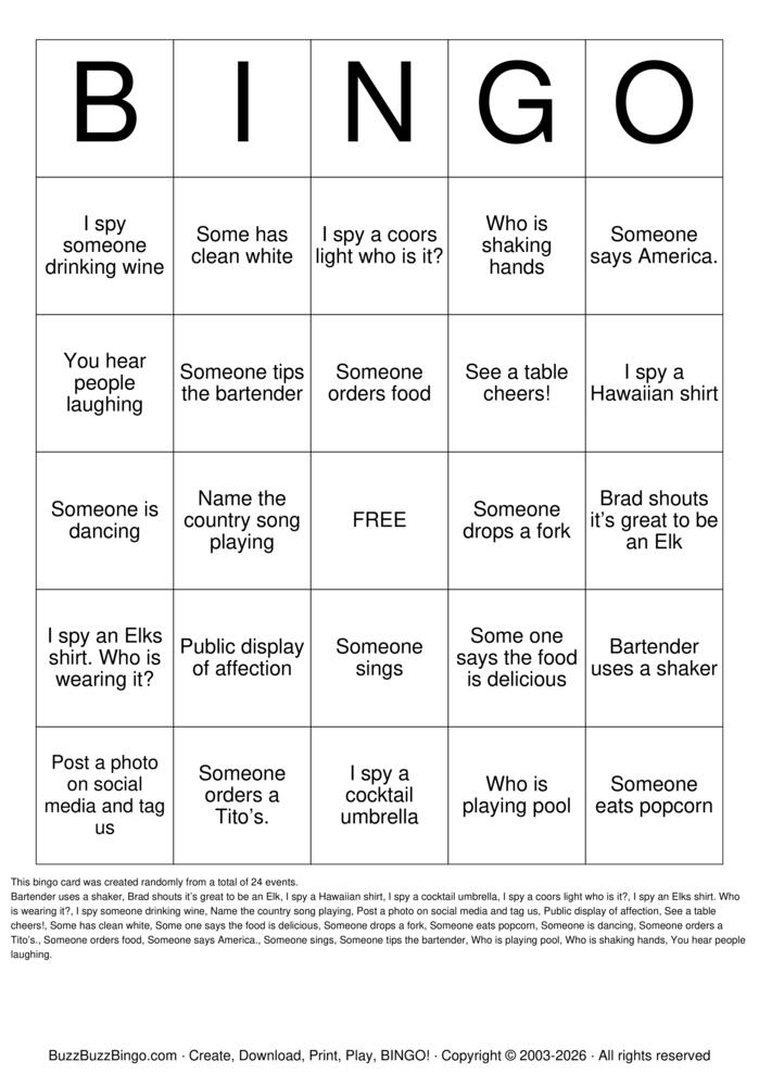 Download Free BAR BINGO Bingo Cards
