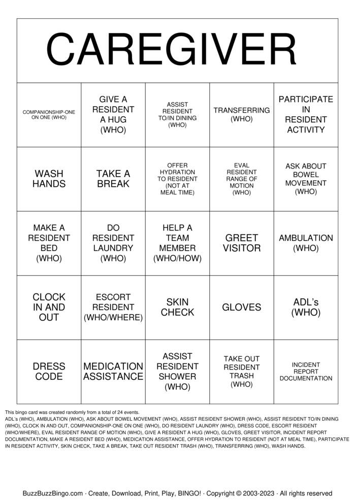 Download Free CAREGIVER  Bingo Cards