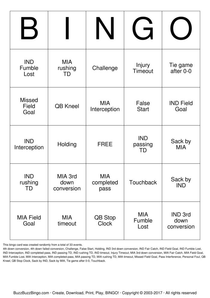 Download Free Football Bingo Cards