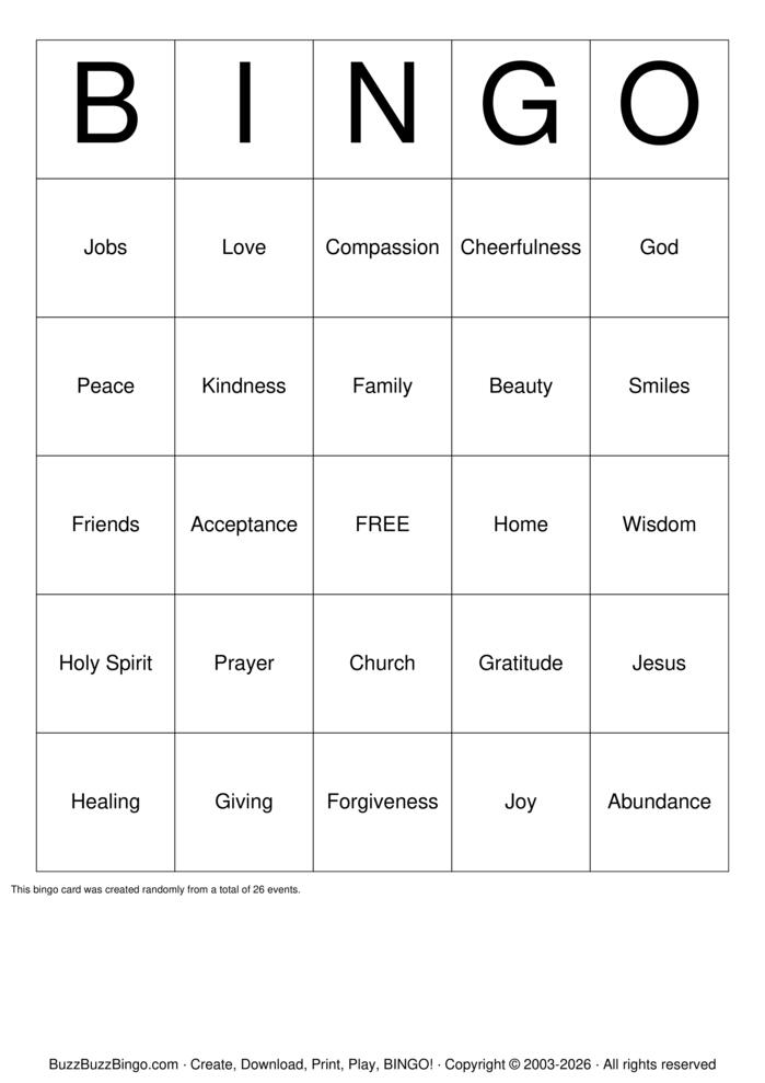 Download Free Gratitude  Bingo Cards