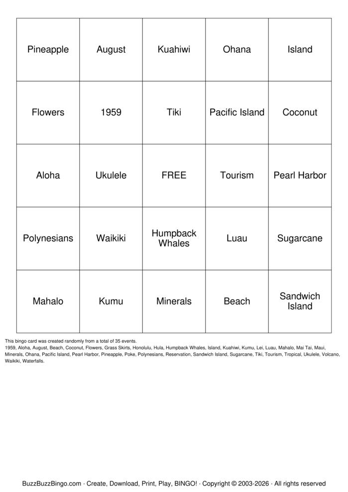 Download Free Hawaii Bingo Cards