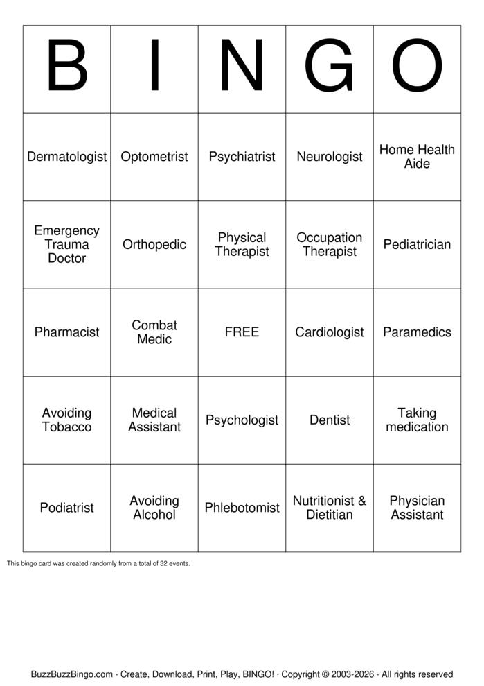 Download Free Health Care Careers Bingo Cards Download Free Health Care Careers Bingo Cards