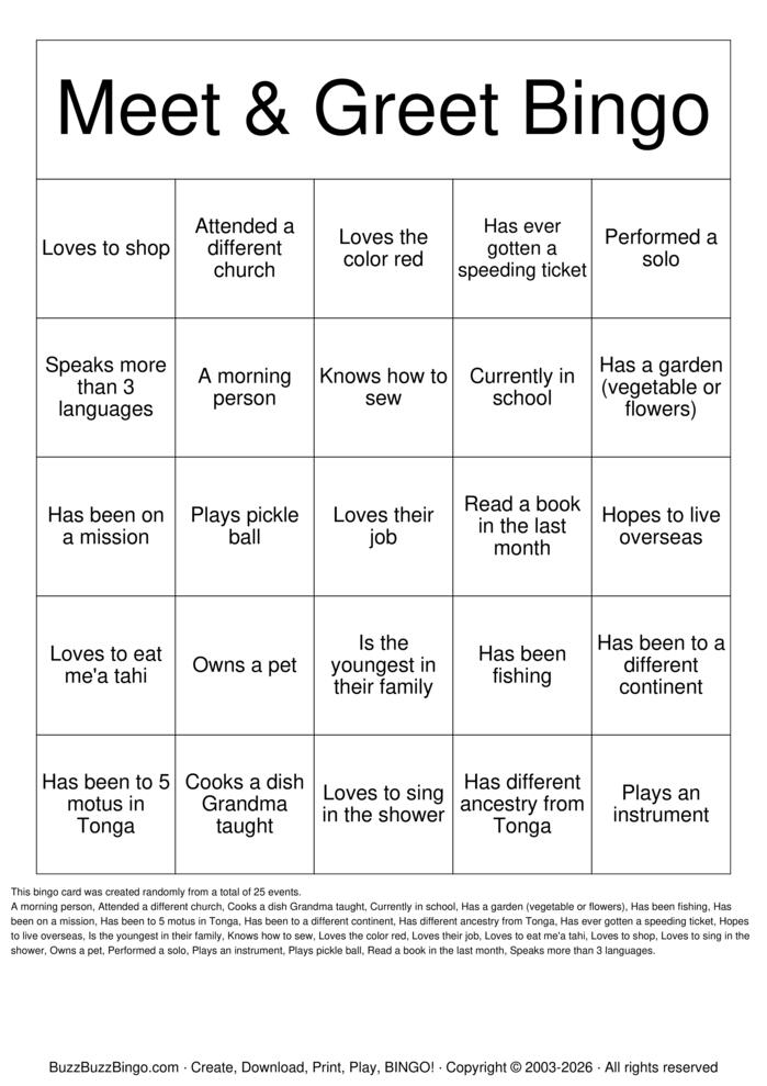 Download Free Meet & Greet BINGO Bingo Cards