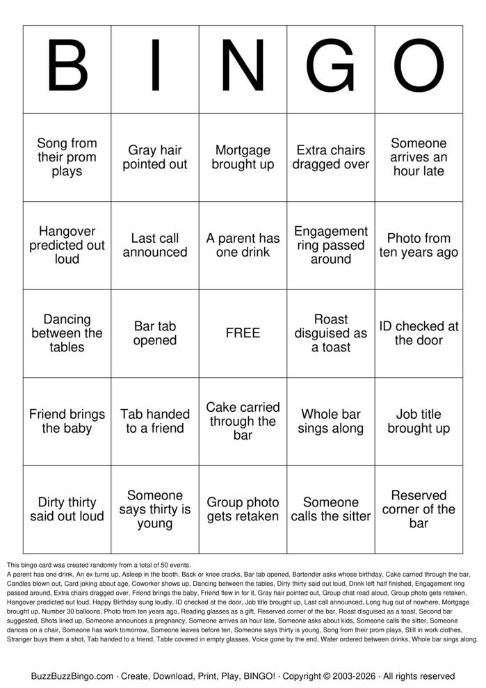 Download Free Milestone 30th Birthday Bingo Cards