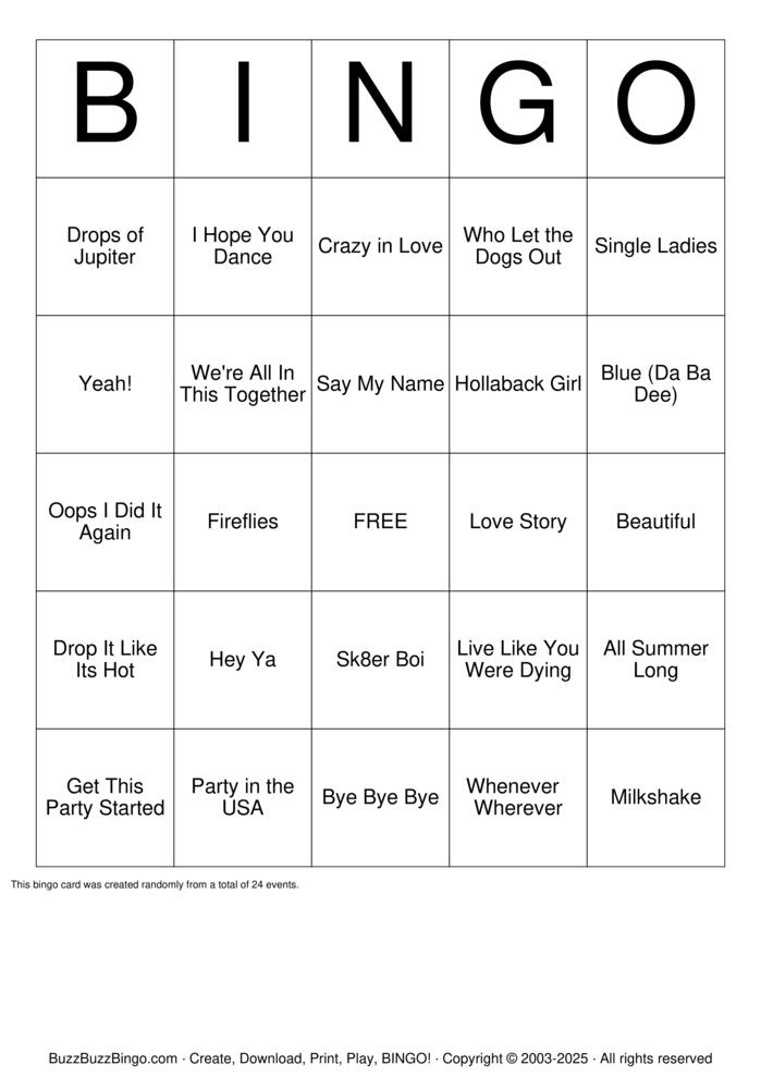 Download Free Miranda's 2000's Music Bingo Bingo Cards