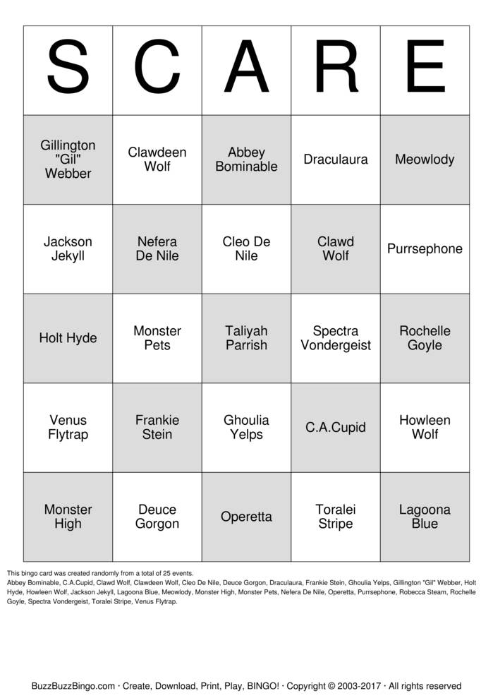 Monster High Bingo Cards to Download, Print and Customize!
