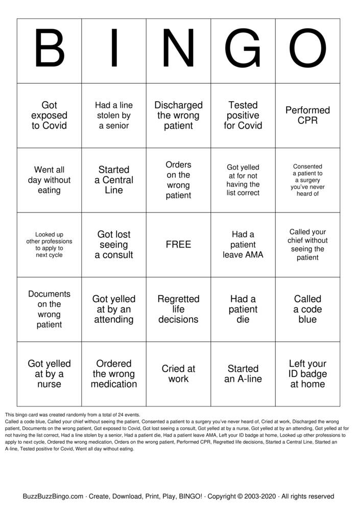 Download Free New Surgery Intern Bingo Bingo Cards Download Free New Surgery Intern Bingo Bingo Cards