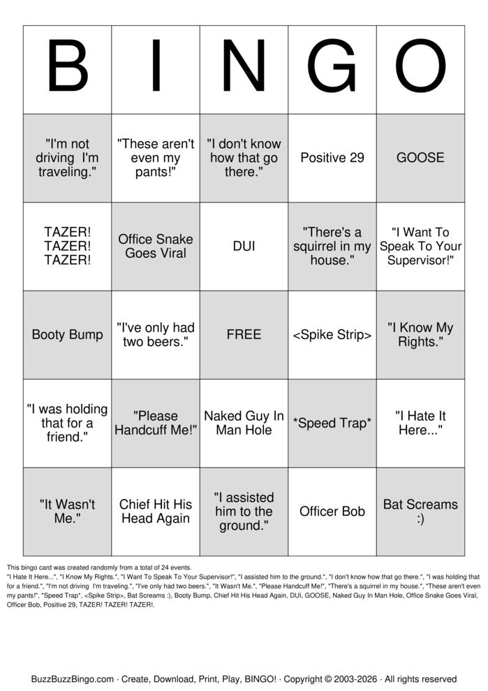 Download Free Police Bingo Cards Download Free Police Bingo Cards
