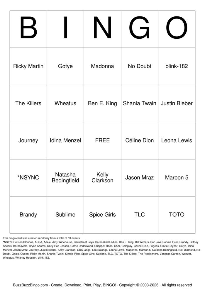 Download Free Popular Karaoke Music Unique Artists Bingo Cards
