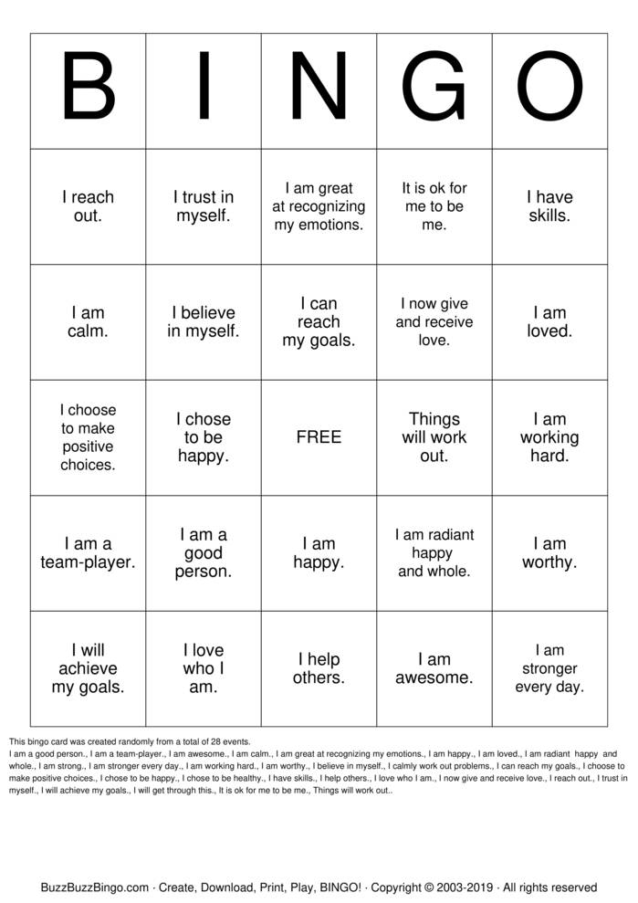 Positive Affirmations Bingo Cards to Download, Print and Customize!