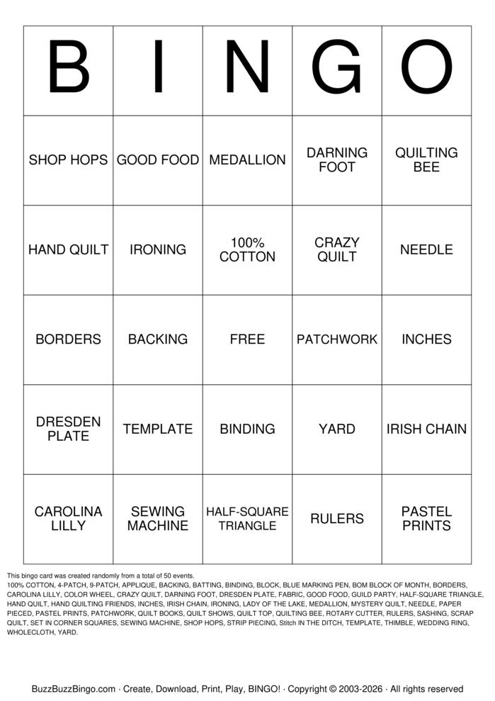 Download Free Quilt Bingo Cards Download Free Quilt Bingo Cards