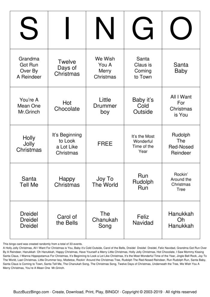 Download Free SINGO Bingo Cards