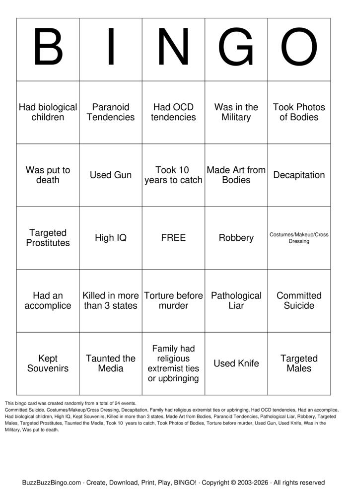 Download Free Serial Killers Bingo Cards