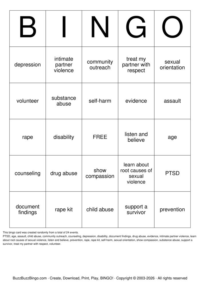 Download Free Sexual Assault Bingo Cards Download Free Sexual Assault Bingo Cards