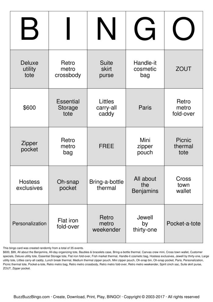 Download Free Thirty-one Bingo! Bingo Cards