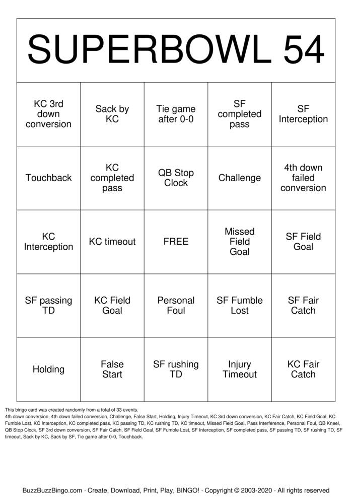 2020 Superbowl SF vs KC Bingo Cards to Download, Print and Customize!