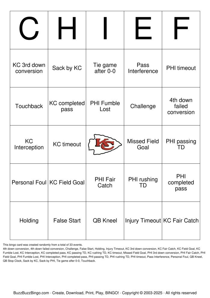 Download Free 2025 Chiefs Superbowl Bingo Cards