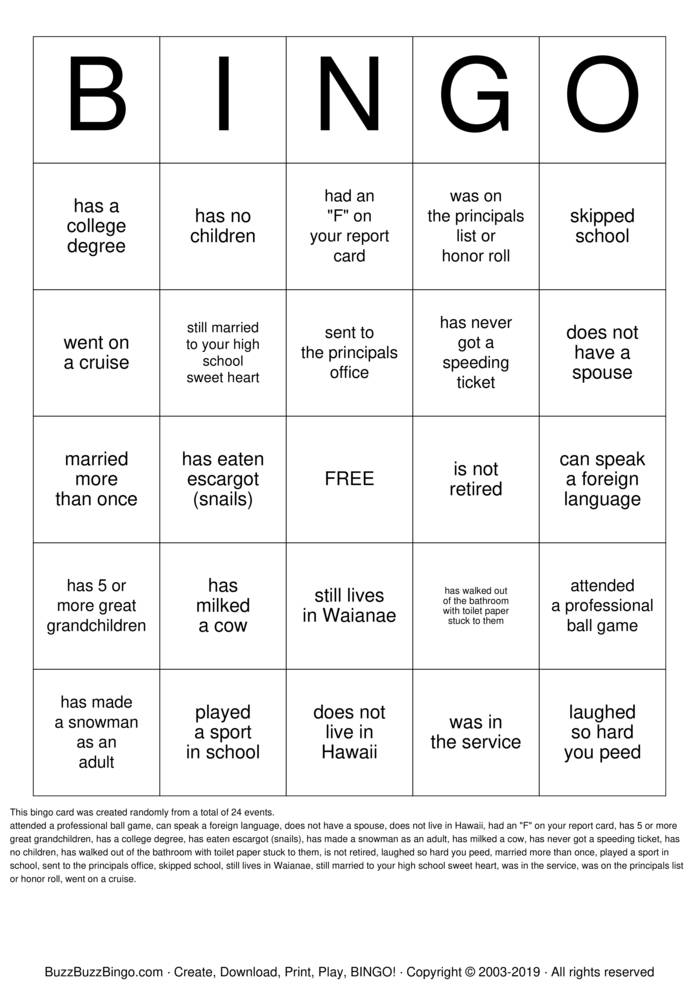 Download Free 55th Class Reunion Bingo Cards Download Free 55th Class Reunion Bingo Cards