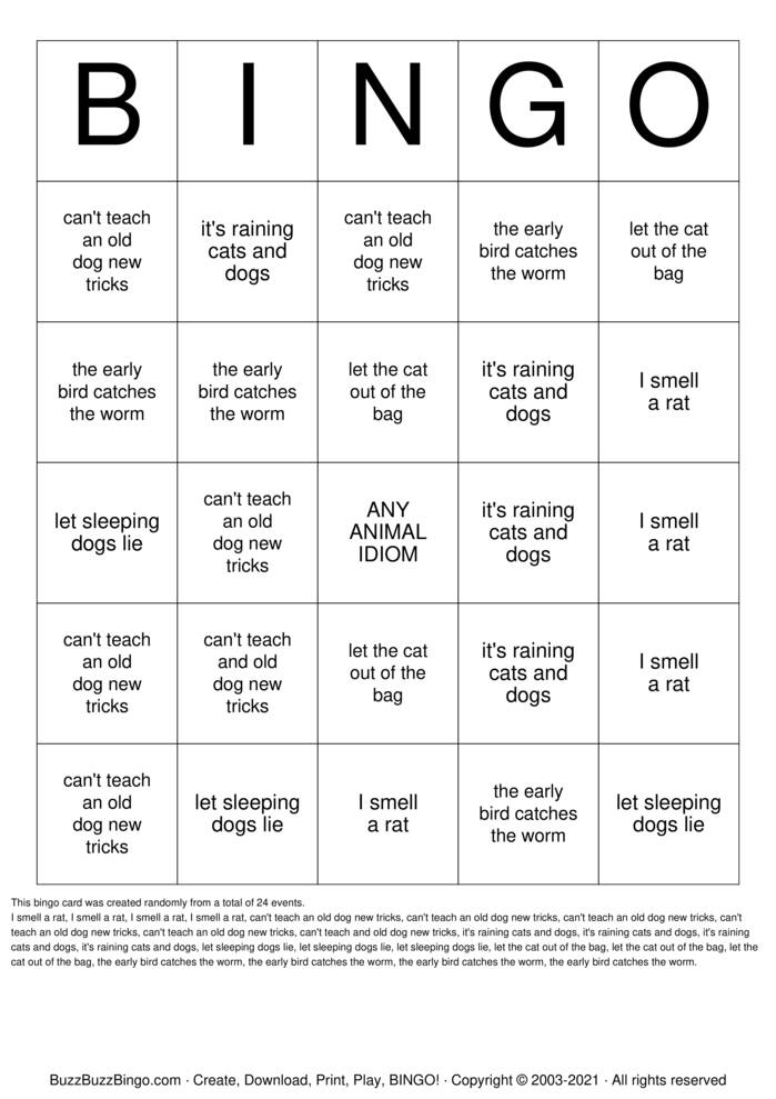 Download Free Animal idioms  Bingo Cards