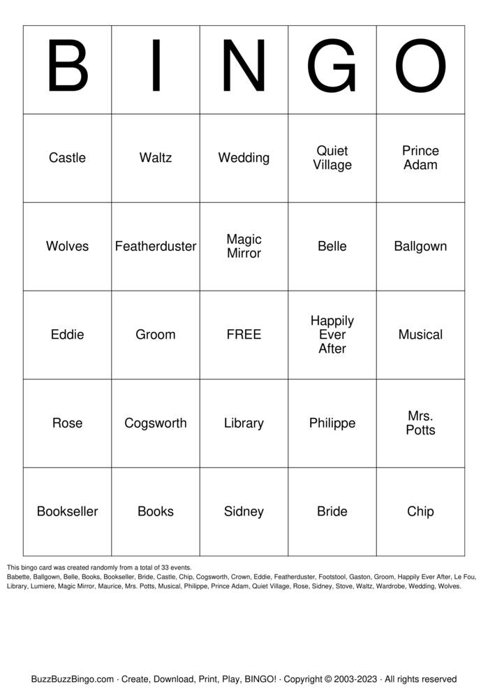 Download Free Beauty and the Beast Bingo Cards