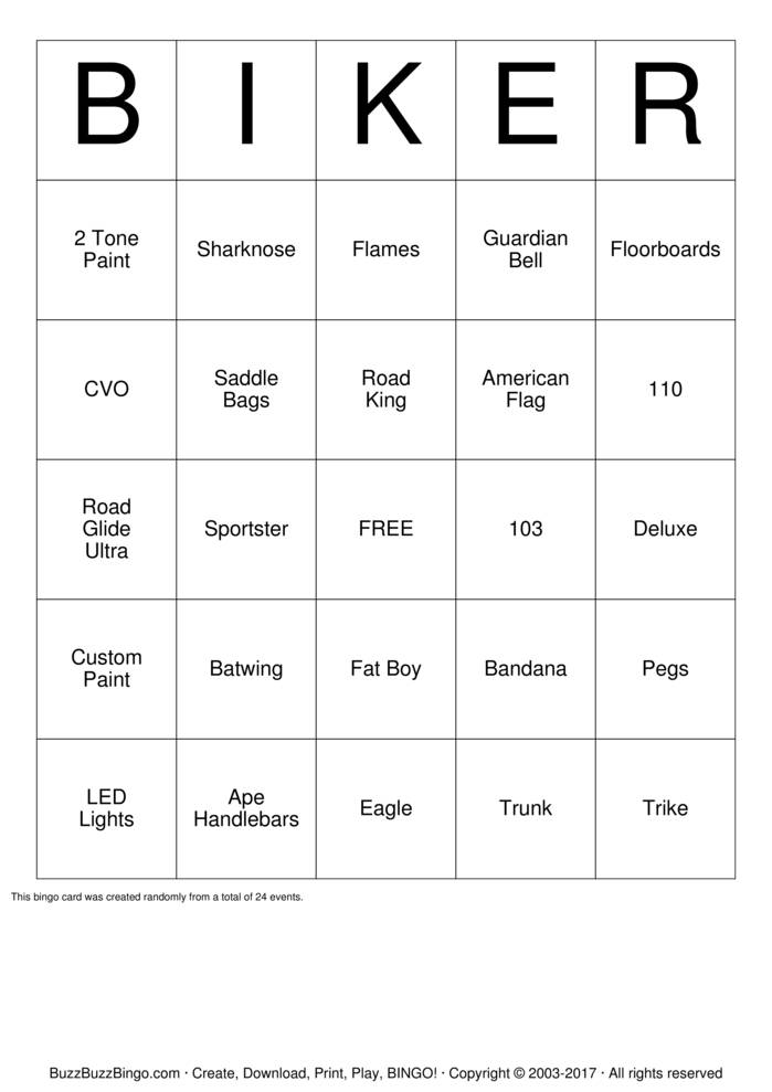 Download Free Biker  Bingo Cards