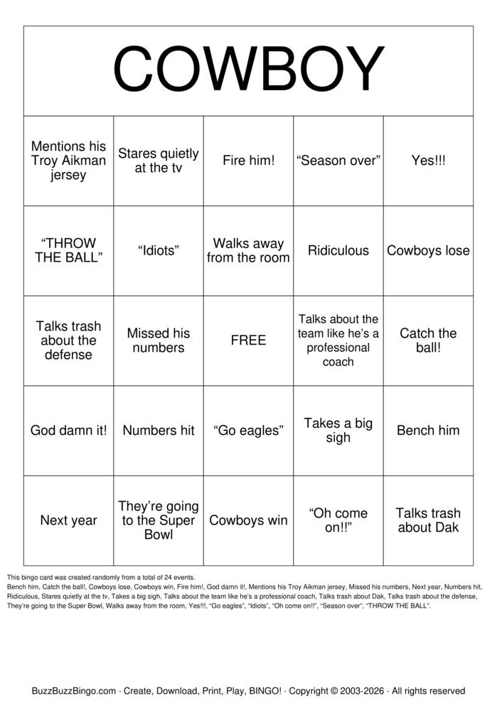 Download Free COWBOY Bingo Cards Download Free COWBOY Bingo Cards
