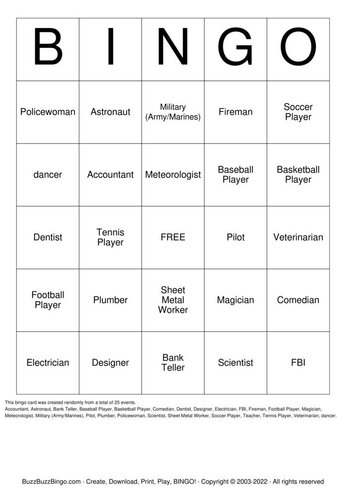 Career Day Bingo Bingo Cards to Download, Print and Customize!