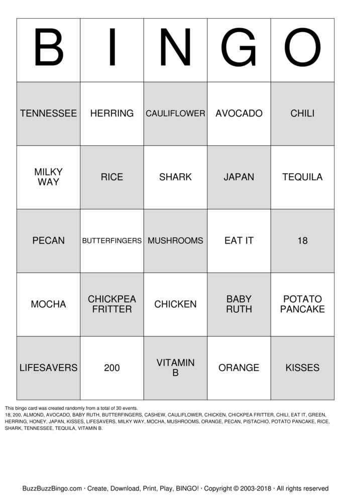 Download Free FOOD TRIVIA Bingo Cards
