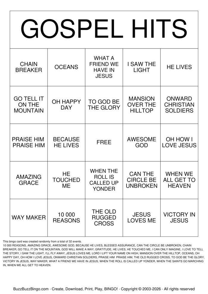 Download Free GOSPEL HITS SINGO Bingo Cards