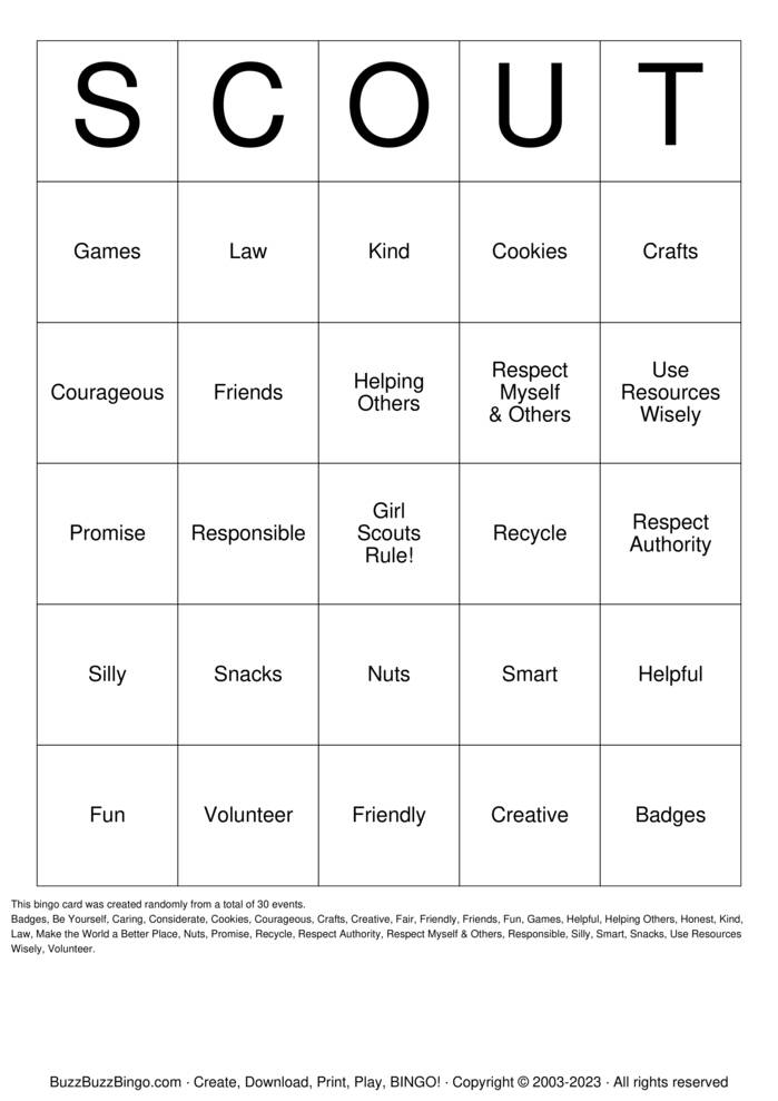 Download Free Girl Scout Bingo Cards