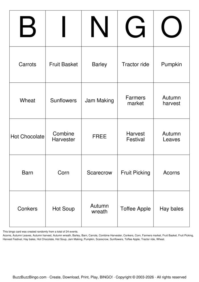 Download Free Harvest Festival Bingo Cards