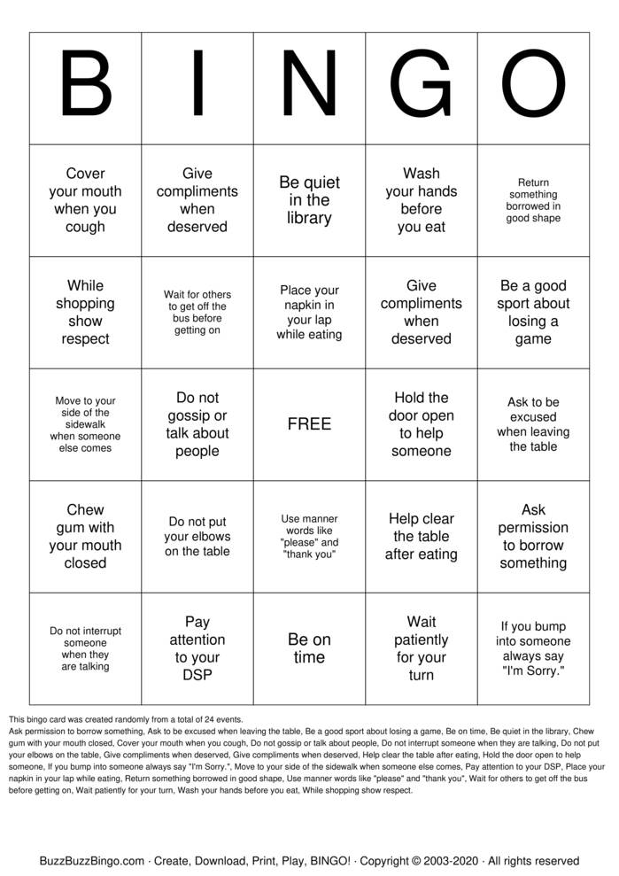 MANNERS Bingo Cards to Download, Print and Customize!