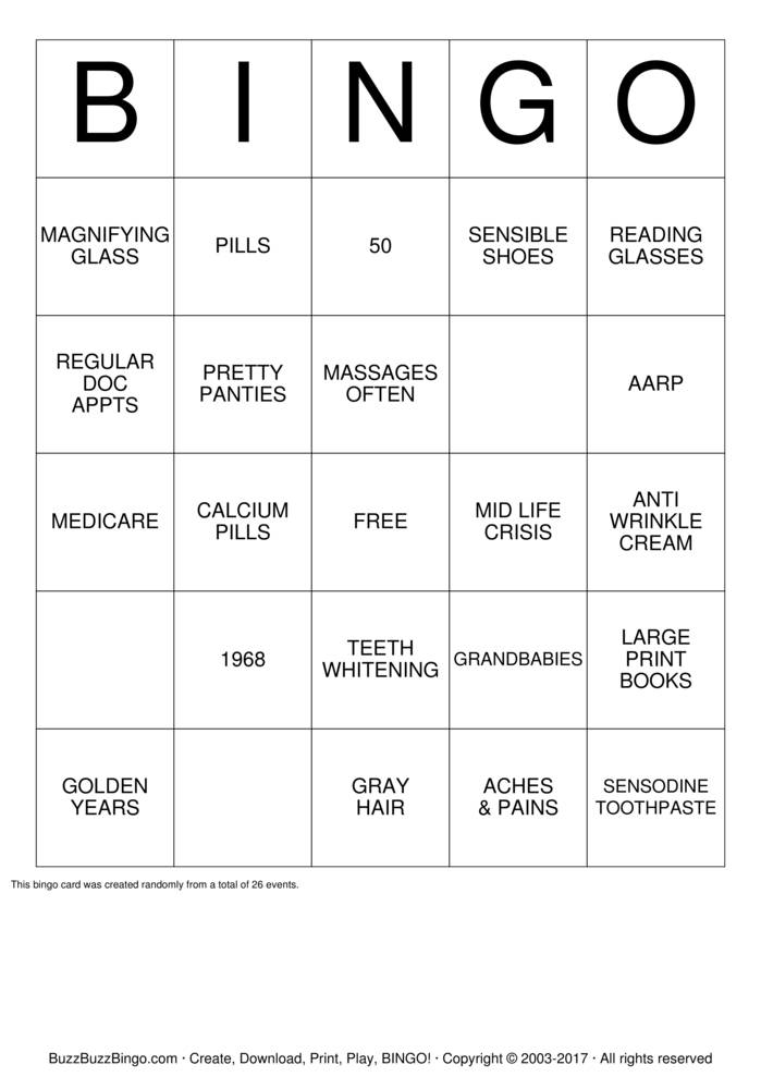 OVER THE HILL Bingo Cards to Download, Print and Customize!