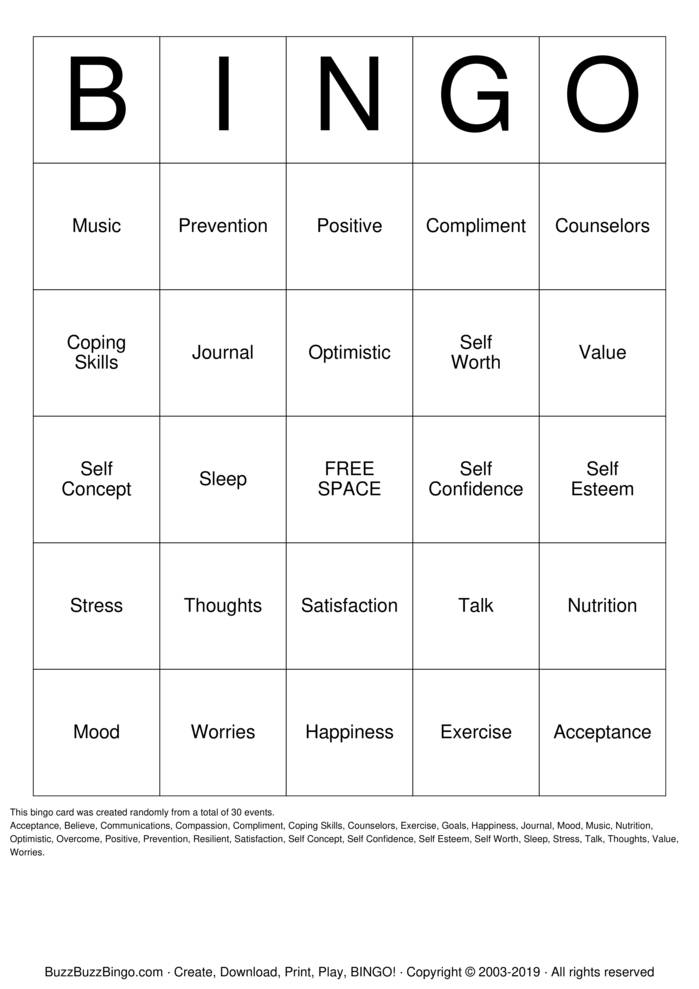Self Esteem Bingo Cards to Download, Print and Customize!