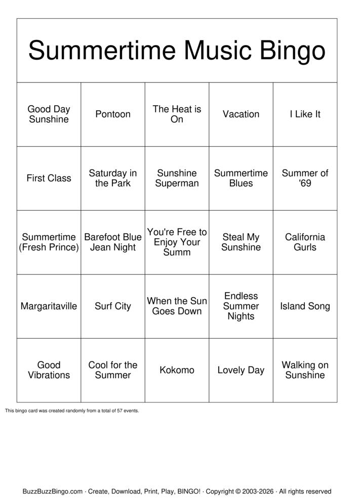 Download Free Summertime Bingo Bingo Cards