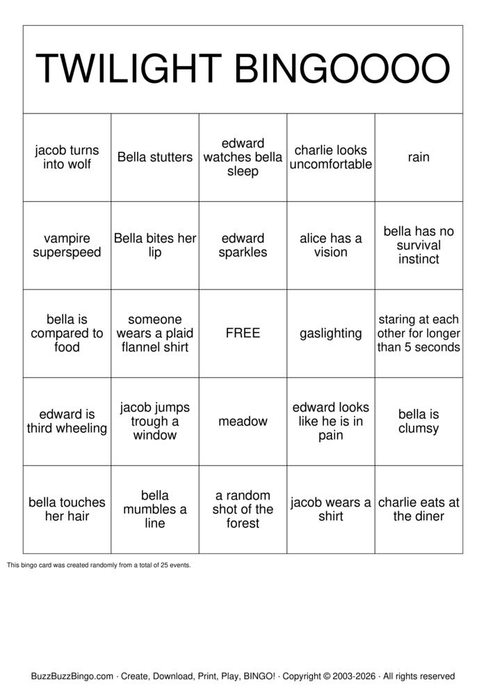 Download Free TWILIGHT BINGO Bingo Cards