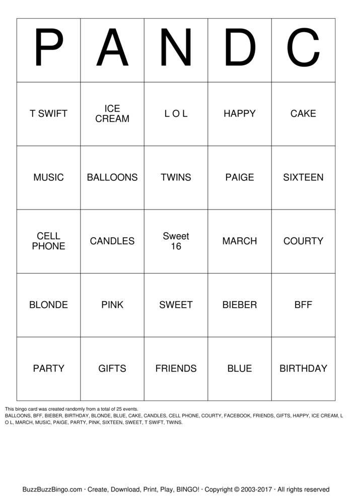 Download Free Taylor Sweet 16 Bingo Bingo Cards