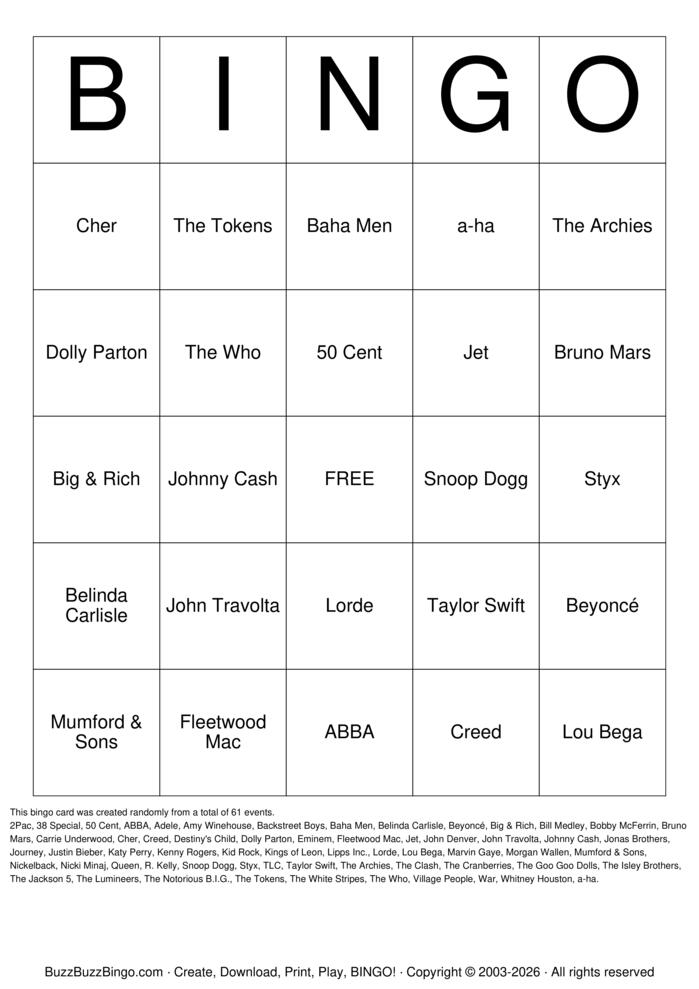 Download Free Try Not to Sing Music Unique Artists Bingo Cards