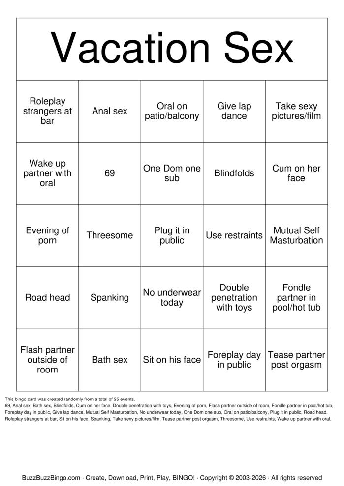 Download Free Vacation Sex Bingo Cards