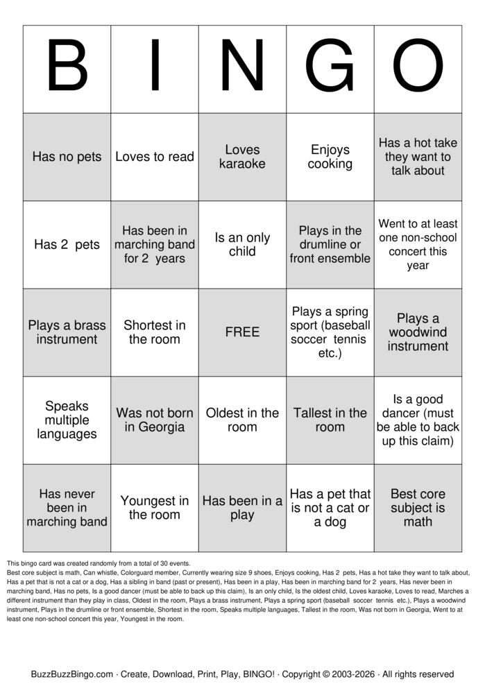 Download Free marching band Bingo Cards