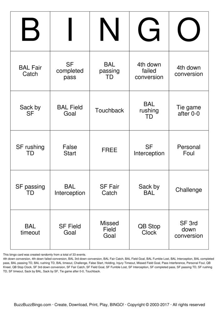 Download Free 2013 Superbowl BAL vs SF Bingo Cards