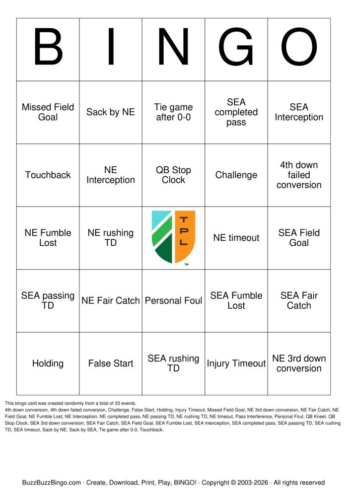 Download Free 2026 Superbowl SEA vs NE Bingo Cards Download Free 2026 Superbowl SEA vs NE Bingo Cards