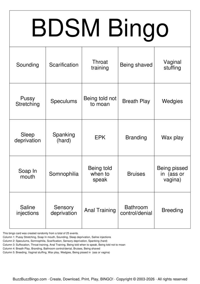 Download Free BDSM Bingo Bingo Cards